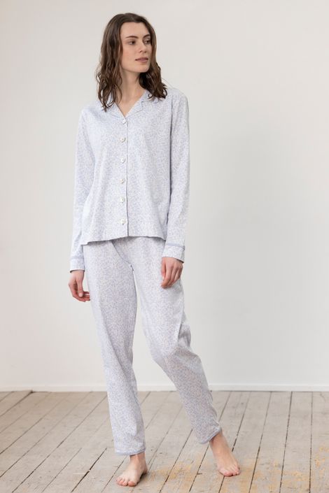 Bio Pyjama-Oberteil lang Blümchenmuster Kragen